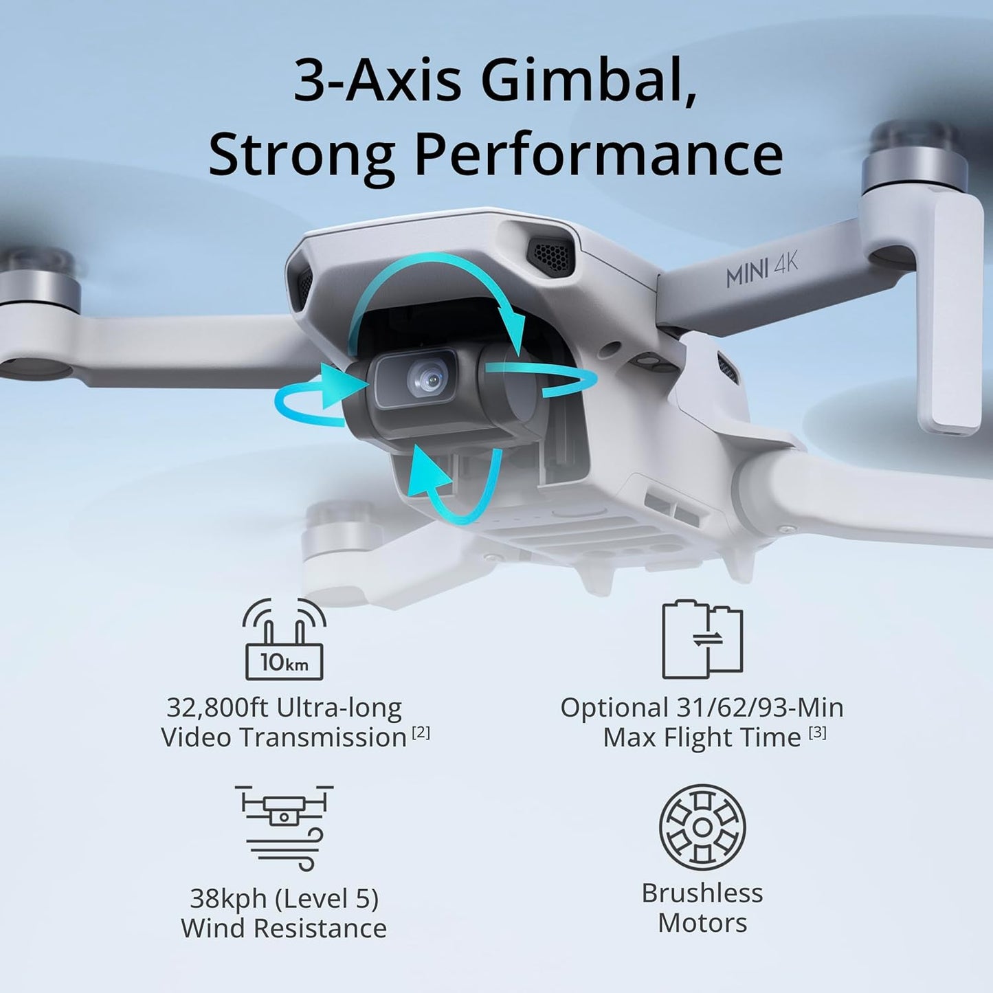 DJI Mini 4K, Drone with 4K UHD Camera for Adults, Under 249 g, 3-Axis Gimbal Stabilization, 10km Video Transmission, Auto Return, Wind Resistance, 1 Battery for 31-Min Max Flight Time, Intelligent