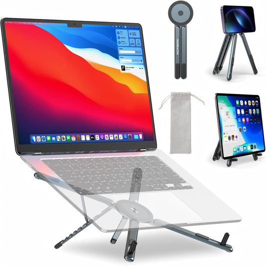 Adjustable Laptop Stand for Desk, MagSafe Compatible Portable Foldable Computer Riser for MacBook, iPhone, iPad, Tablet - Lightweight Aluminum, N52 Magnetic Grip, Perfect for Office, Home, Traveling